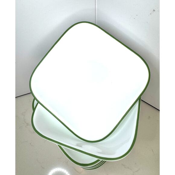4 Corelle Vitrelle 6" Square Cereal Salad Bowls Green Rimmed USA - Picture 1 of 5